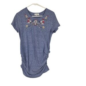 THML Fitted Midi Dress M Womens Blue Embroidered Coquette Short Sleeve Floral